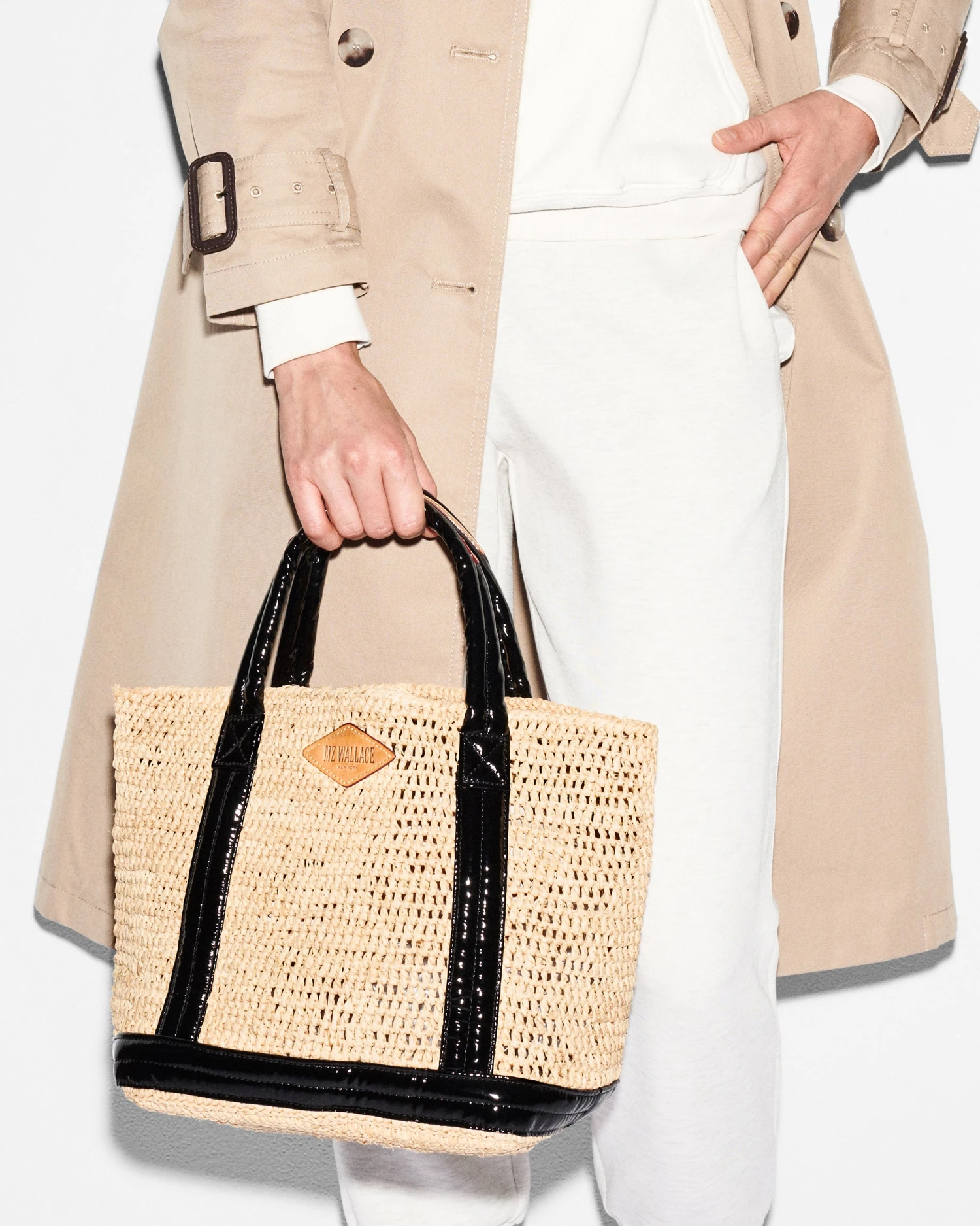 Raffia/Black Lacquer Small Raffia Tote - Image 2